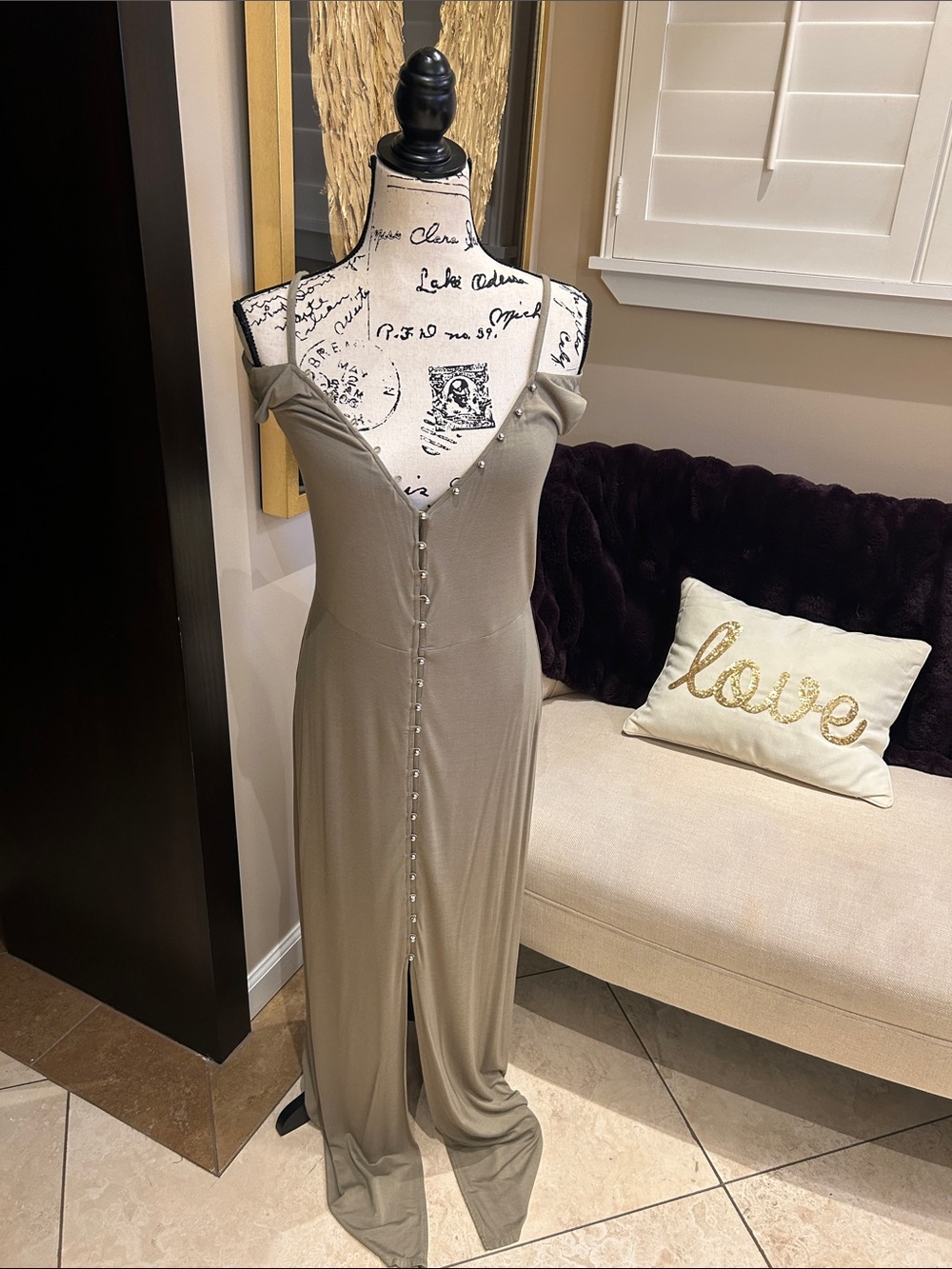Guess Olive-Taupe Spaghetti Strap Maxi Dress with Front Button Detail